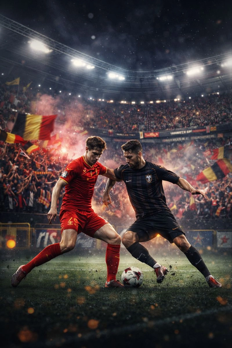 Dramatische Belgische voetbalderby met vurige supporters, rook en vlaggen in het stadion, perfect voorbeeld van live voetbal kijken met een IPTV aanbieder in België.