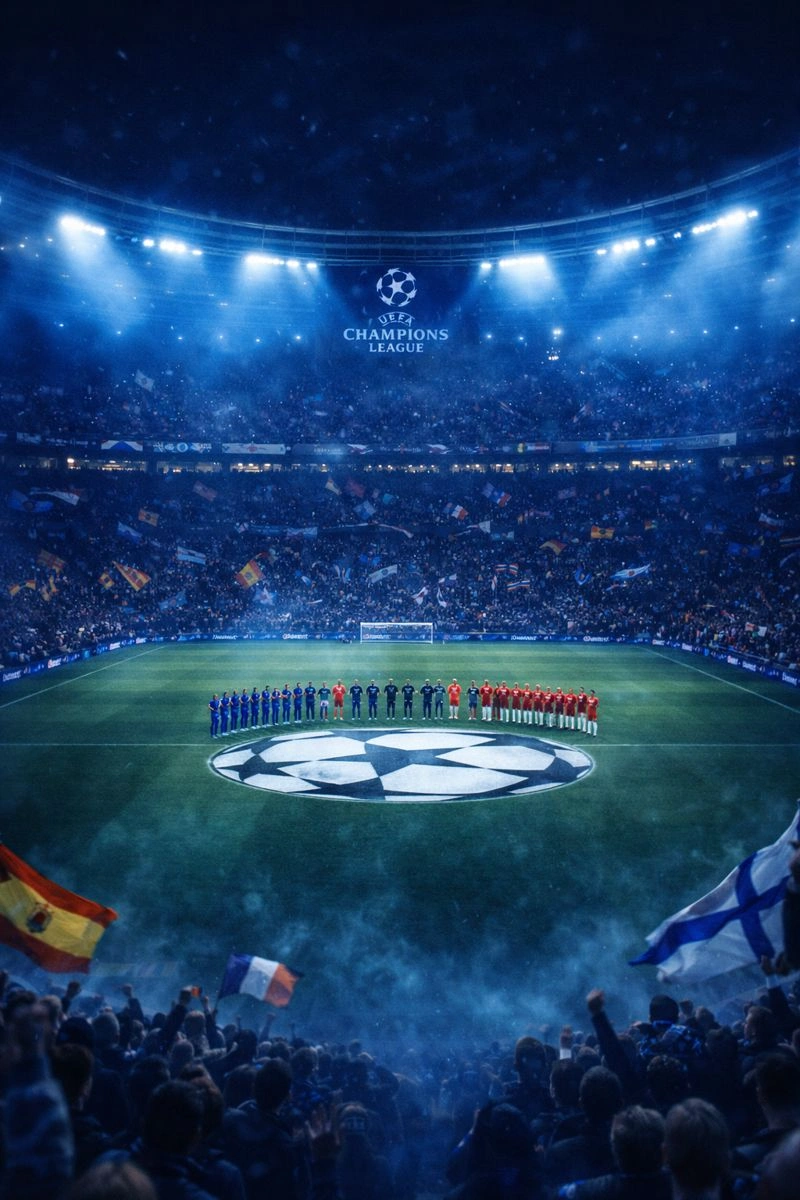 Vol stadion tijdens een UEFA Champions League avondwedstrijd met teams opgesteld op het veld, ideaal voor live voetbal streaming via IPTV België.