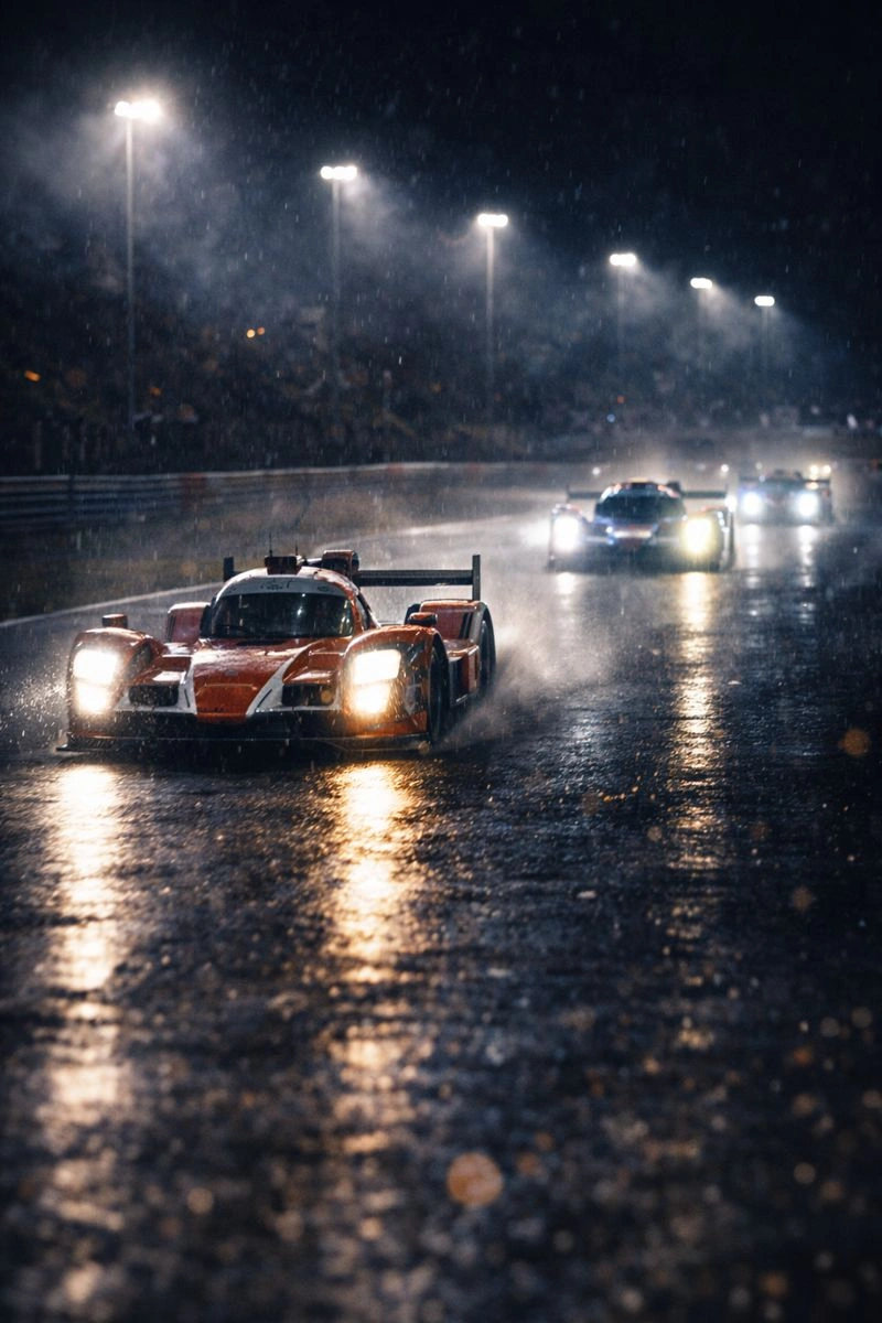 Endurance racewagens racen ’s nachts op nat asfalt onder stadionverlichting, ideaal voor autosport liefhebbers die live sport volgen via IPTV België.