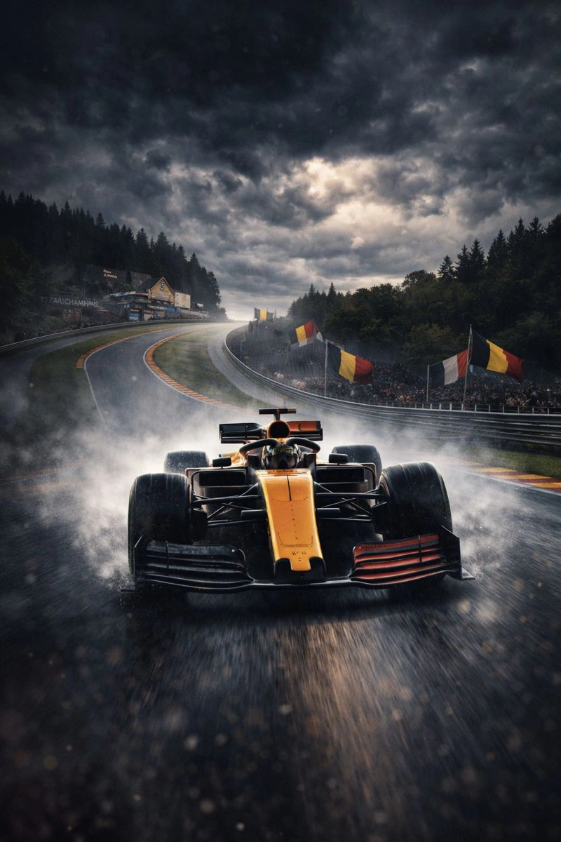 Cinematische Formule 1 race op Spa Francorchamps in de regen met een F1 wagen op hoge snelheid, ideaal voor live sport kijken via IPTV België met een betrouwbaar IPTV abonnement.