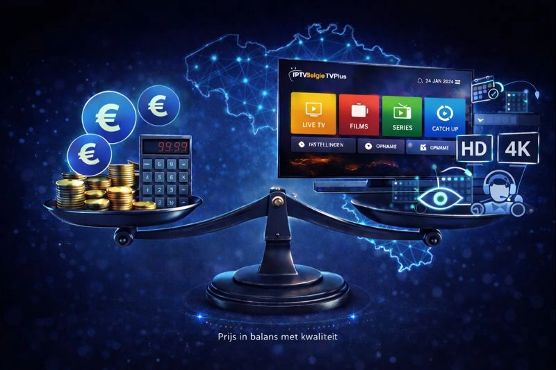 Visualisatie van IPTV prijs en IPTV abonnementen in België, waarbij kosten en kwaliteit in balans worden weergegeven via een weegschaal met euro symbolen aan de ene kant en een IPTV interface met HD en 4K kwaliteit aan de andere kant, tegen een digitale netwerkkaart van België die betrouwbaarheid en landelijke dekking van een IPTV aanbieder benadrukt.