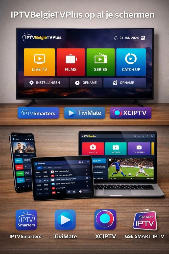 IPTVBelgieTVPlus IPTV abonnement actief op Smart TV, Android TV, smartphone, tablet en computer met IPTV apps IPTV Smarters, TiviMate, XCIPTV en GSE Smart IPTV, duidelijke app-logo’s en gebruiksvriendelijke interface in 9:16 formaat