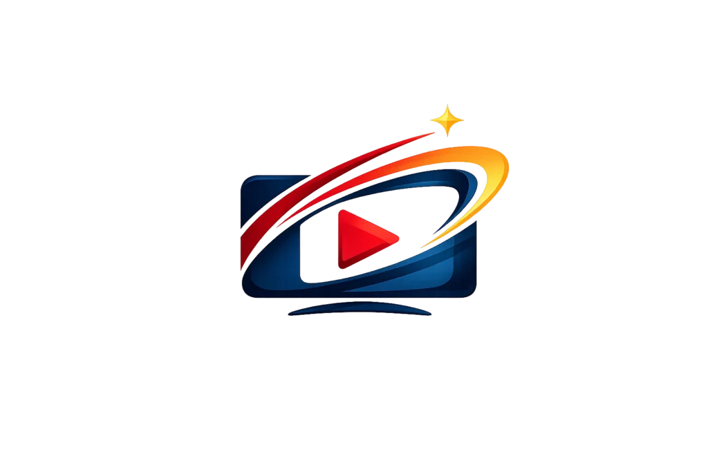 Minimalistisch IPTV kopen icoon met een modern tv scherm, rode play knop en dynamische streaming boog in blauw rood en goud, ontworpen als herkenbaar merkicoon voor IPTVBelgieTVPlus en geschikt voor IPTV abonnementen en live TV streaming.