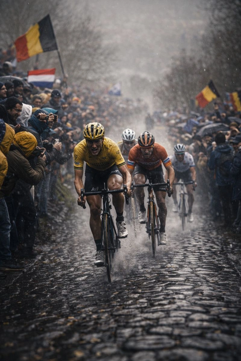 Professionele wielrenners strijden op natte kasseien met Belgische en Nederlandse vlaggen langs het parcours, een iconisch beeld van live wielrennen via IPTV.