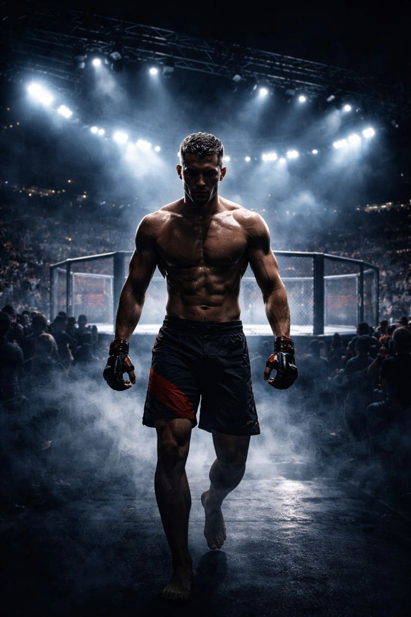 MMA vechter loopt gefocust richting de kooi in een uitverkochte arena, perfect voor fans van live UFC en MMA via IPTV België.