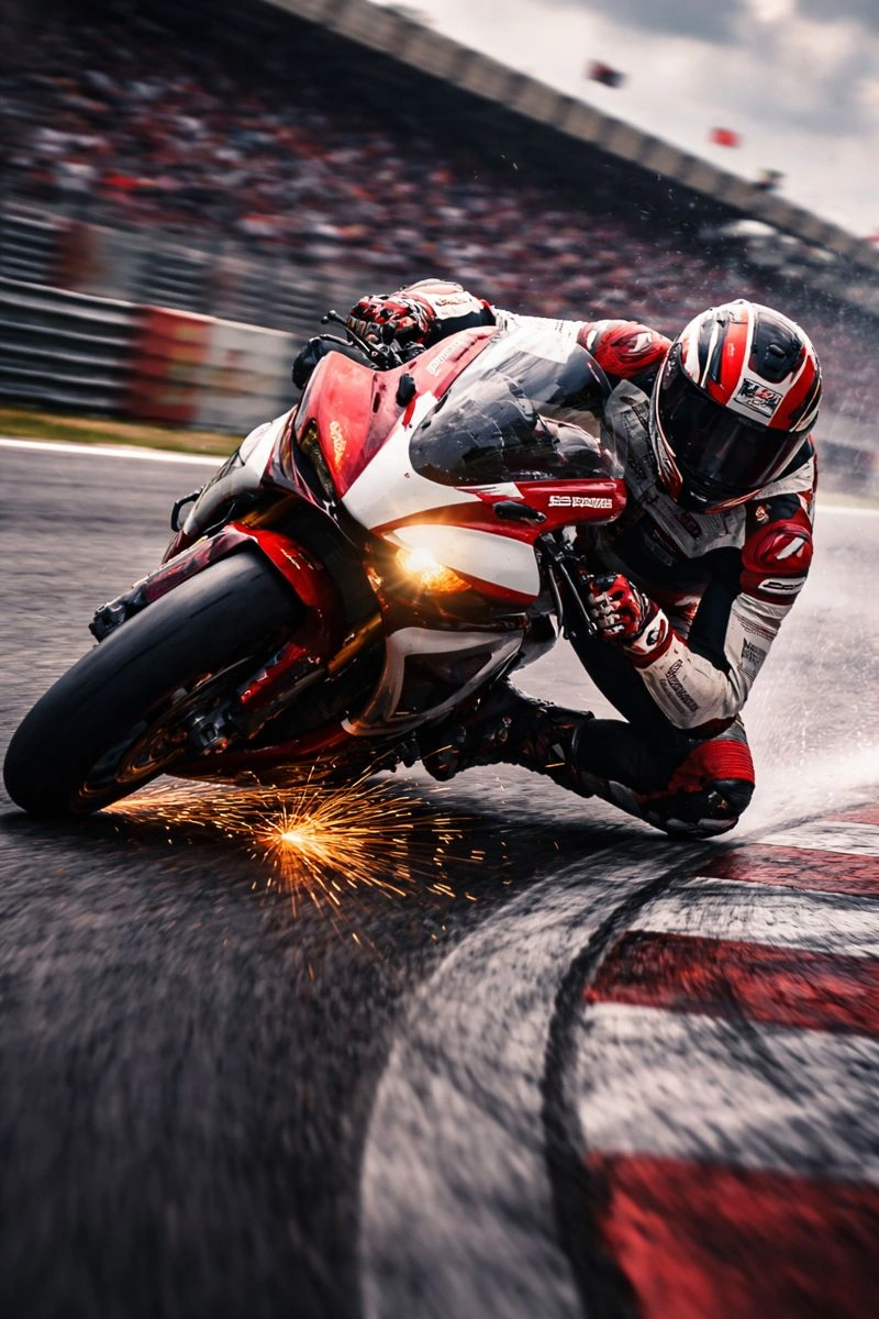 Motorcoureur helt extreem in een bocht met vonken en hoge snelheid, een krachtige motorsport scène voor live MotoGP kijken via IPTV België.