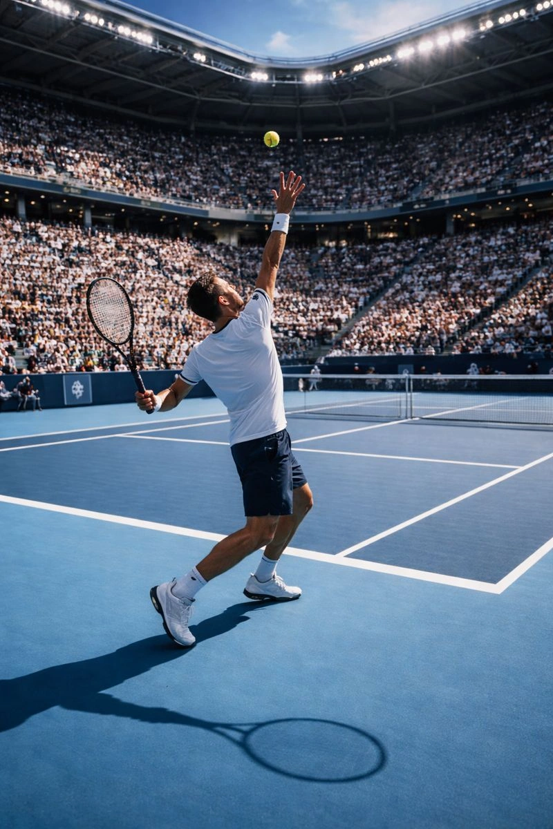 Professionele tennisser tijdens een krachtige service in een modern stadion, weergegeven als premium live sport content via een IPTV abonnement in België.