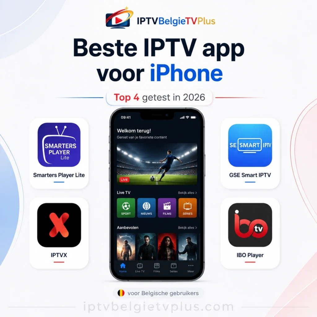 Beste IPTV app voor iPhone vergeleken in een minimalistische 1:1 afbeelding met iPhone-scherm, Smarters Player Lite, GSE Smart IPTV, IPTVX en IBO Player logo’s voor Belgische gebruikers in 2026.