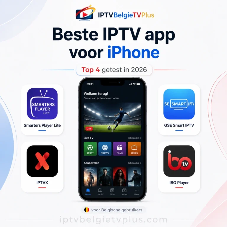 Beste IPTV app voor iPhone vergeleken in een minimalistische 1:1 afbeelding met iPhone-scherm, Smarters Player Lite, GSE Smart IPTV, IPTVX en IBO Player logo’s voor Belgische gebruikers in 2026.