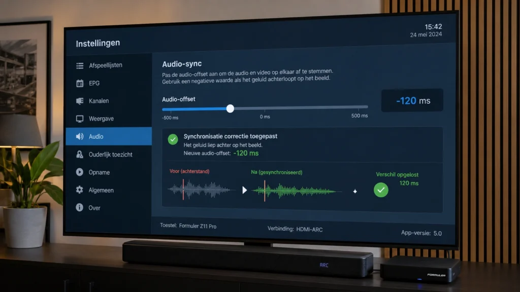 Audio-offsetschuif op een Formuler Z11 Pro via HDMI-ARC, ingesteld op -120 milliseconden om beeld en geluid weer synchroon te laten lopen.