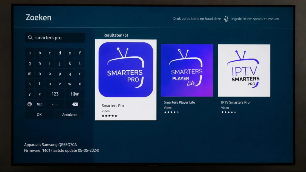 Zoekresultaten voor Smarters Pro in de Samsung Apps Store op een Samsung QE55Q70A Smart TV met firmwareversie 1401.