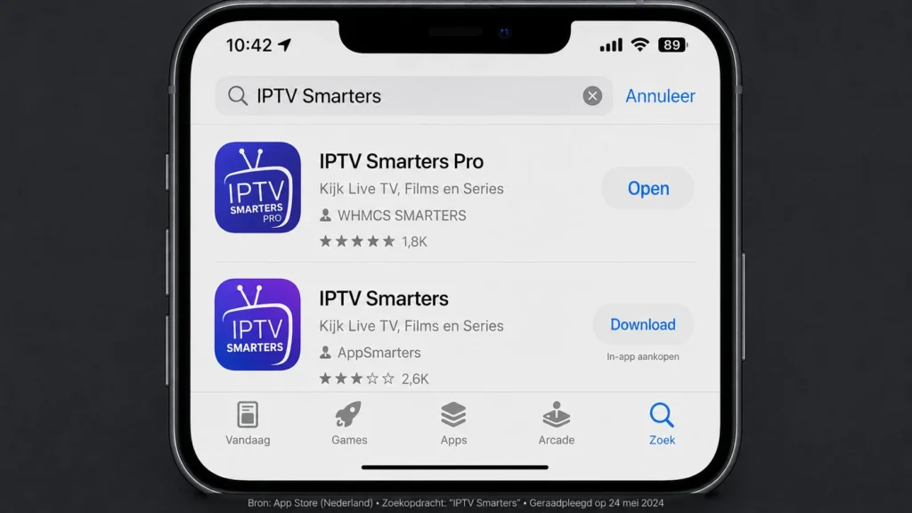 Realistische weergave van zoekresultaten voor IPTV Smarters in de Nederlandse App Store, met twee apps van verschillende uitgevers zichtbaar.