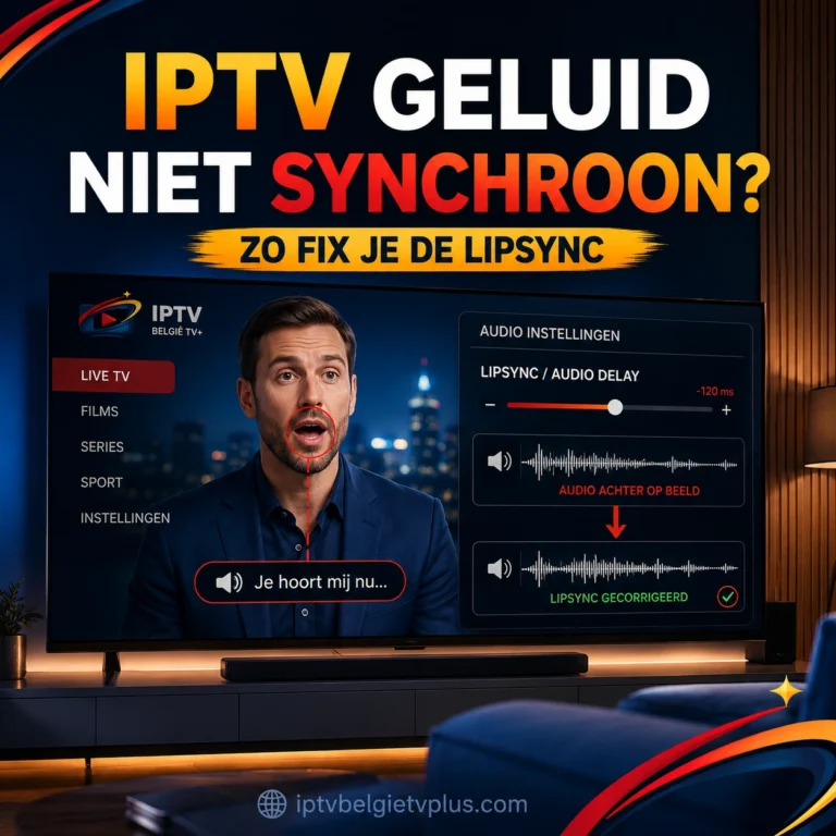 Smart-tv met IPTV waarbij beeld en geluid niet synchroon lopen, naast audio-instellingen om de lipsync en audiovertraging te corrigeren.