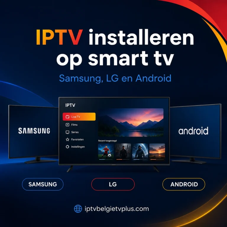 Vierkante afbeelding over IPTV installeren op een Samsung, LG of Android Smart TV, met televisieschermen in de merkkleuren van IPTV België TV Plus.